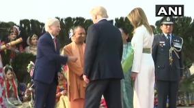 uttar-pradesh-us-president-donald-trump-and-first-lady-melania-trump-received-by-up-governor-anandiben-patel-and-chief-minister-yogi-adityanath-in-agra