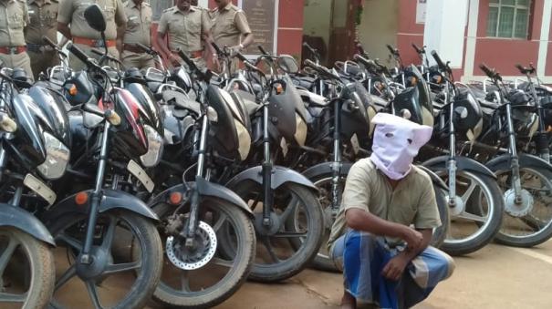A man has been arrested for stealing and selling 31 motorcycles in the district