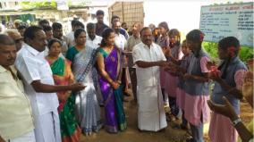 minister-ganesan-welcomes-government-school-students-with-sweets-at-vriddhachalam-students-happy