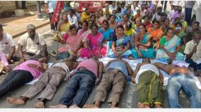 pabsco-workers-protest-with-wet-cloth-on-stomach-in-puducherry