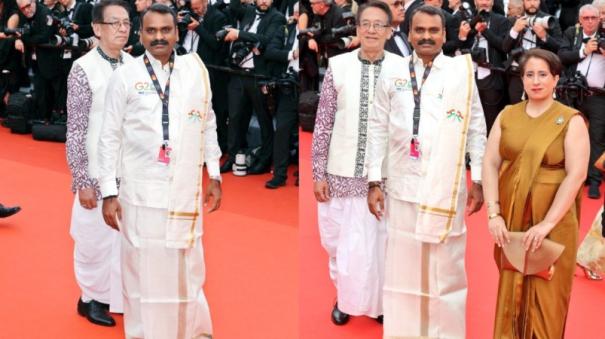 Union minister L Murugan wears traditional veshti in Cannes