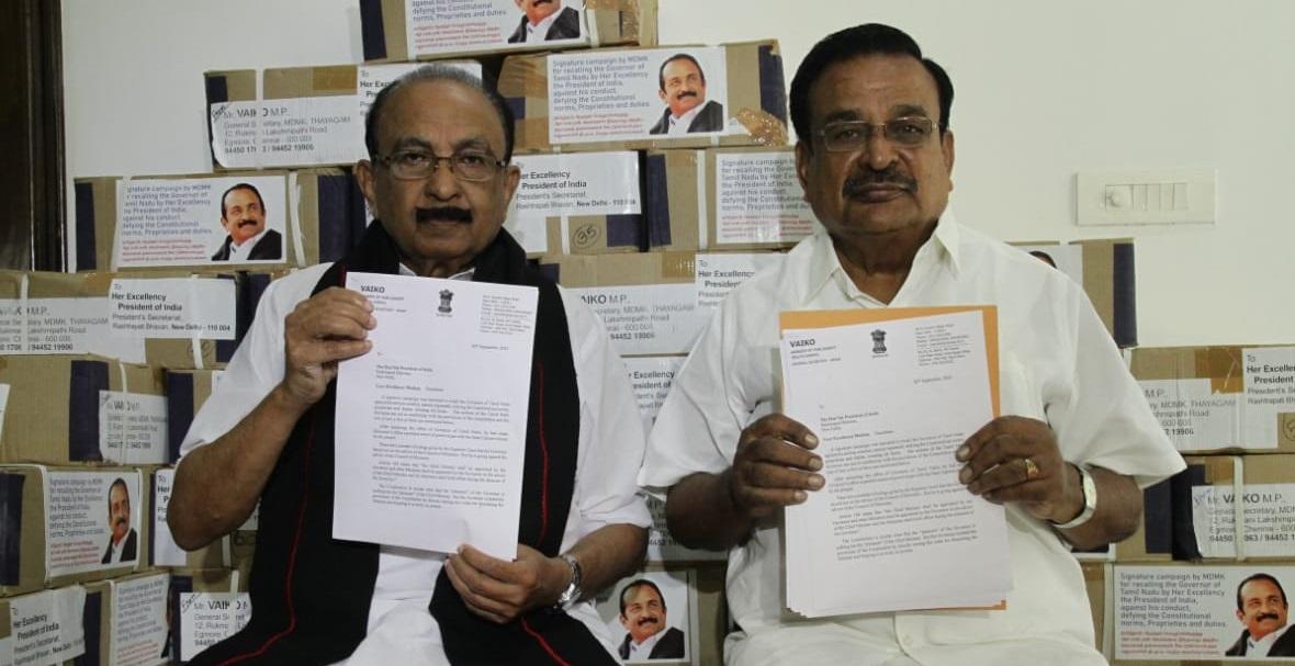  ஆளுநர் ரவியை நீக்கக் கோரும் 50 லட்சம் கையெழுத்துப் படிவங்களை குடியரசுத் தலைவர் மாளிகையில் அளித்ததாக வைகோ தகவல் | 50 lakh petitions demanding removal of Governor RN Ravi handed over at President House: Vaiko