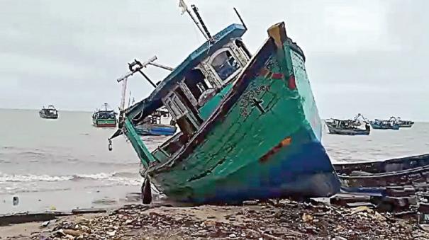 Storm damage to boats in Mandapam