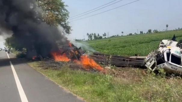 cuddalore-lorry-over-turned-on-road-side-drain-near-sirupakkam-and-caught-fire