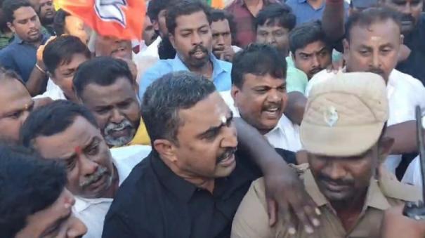 bjp-protest-without-permission-on-tiruppur-pushing-between-police-and-bjp