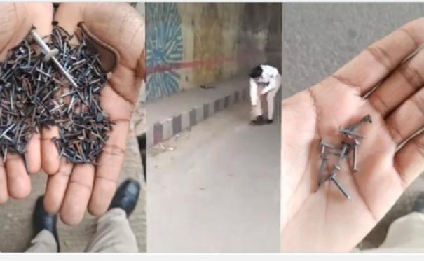 video-of-traffic-police-removing-pile-of-nails-in-bengaluru-subway