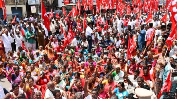 leftists-road-strike-on-madurai-protesting-central-govt-for-not-allocating-funds-to-tn-denial-of-permission-for-train-strike