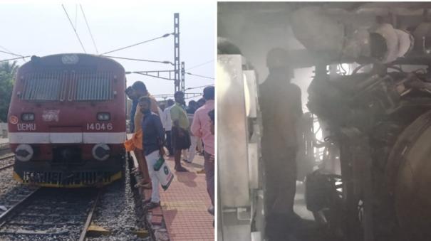 smoke-in-engine-compartment-attached-to-rear-of-passenger-demo-train-to-karaikal