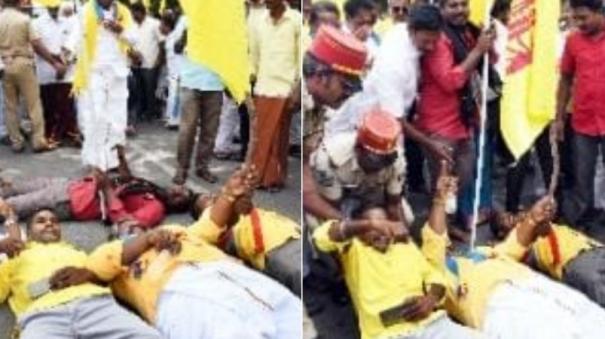 pmk-party-members-road-block-and-protest-near-puducherry